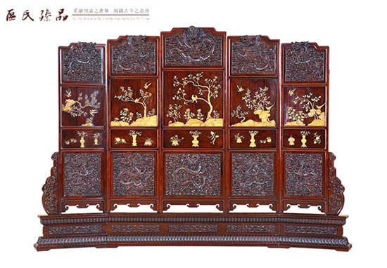 區(qū)氏臻品:大紅酸枝雕云龍紋嵌黃楊座屏風(fēng)