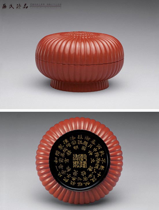 清乾隆 脫胎朱漆題詩(shī)菊瓣形蓋盒（區(qū)氏臻品）
