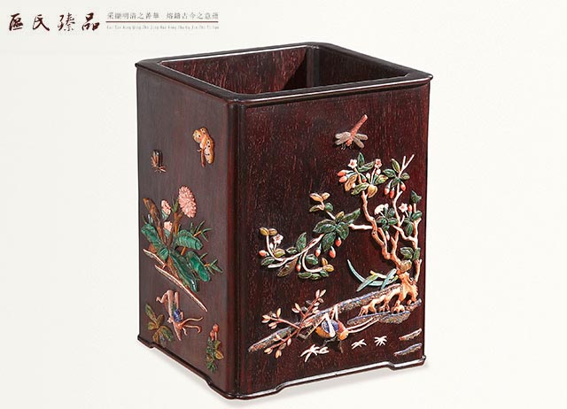 區(qū)氏臻品:嵌百寶石方筆筒(小葉紫檀)